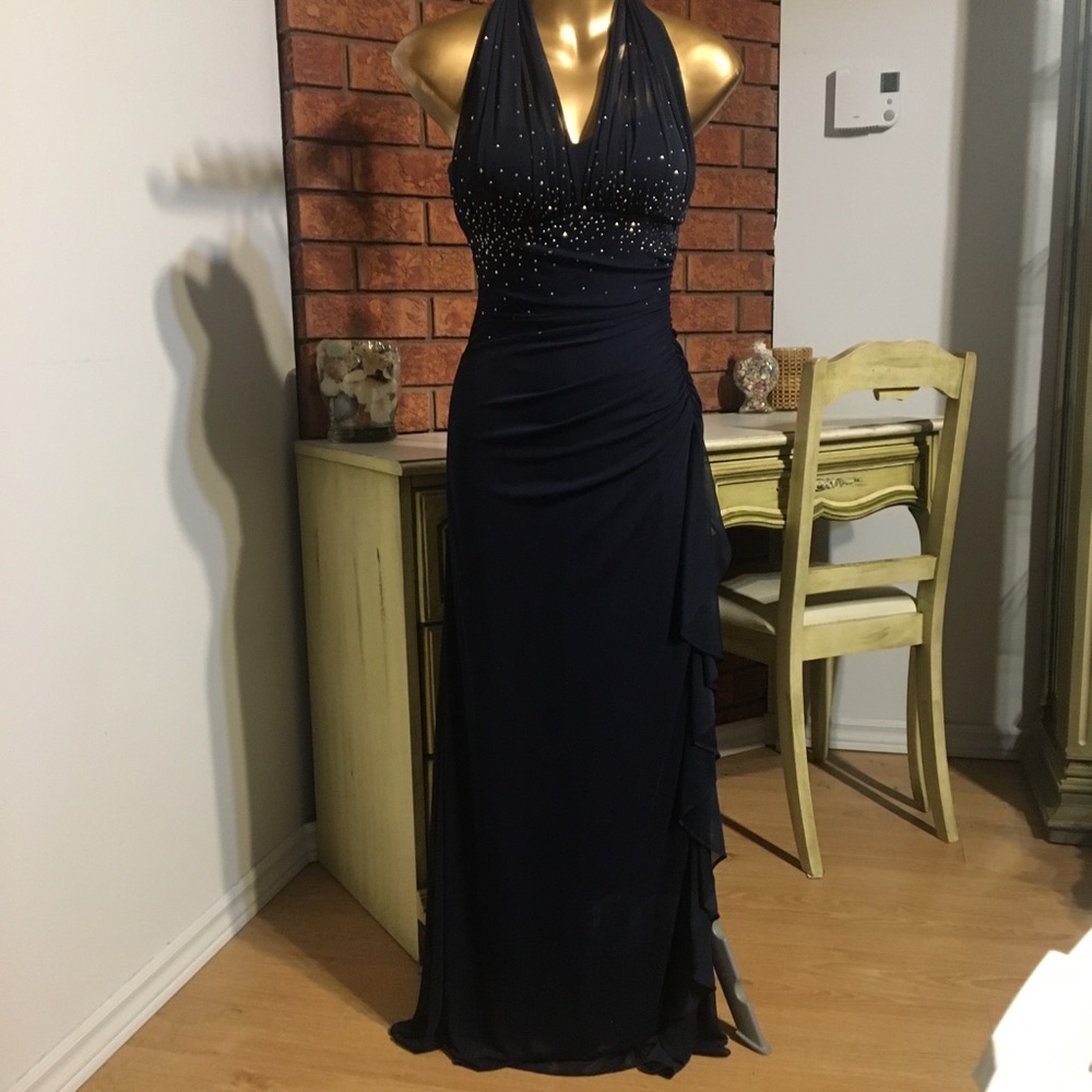 Midnight blue halter occasion dress